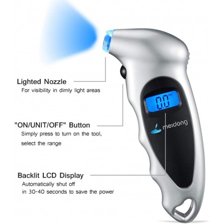 Meidong Digital Tire Pressure Gauge 150 PSI 4 Settings Car Truck Bicycle Backlit LCD Non-Slip Grip, Silver (1 Pack)